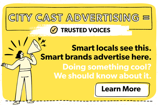 Yellow advertisement banner with text "City Cast Advertising = Trusted Voices." An illustrated person holds a megaphone, and a button says "Learn More."