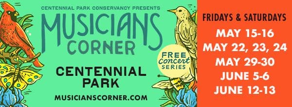 Concert poster for Musicians Corner at Centennial Park. Features colorful birds and flowers on the left, and concert dates (May-June) on the right.