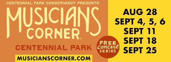 Concert poster for Musicians Corner at Centennial Park.
